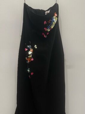 cinq a sept Black Strapless Dress with Multicolor Sequin Floral Clusters